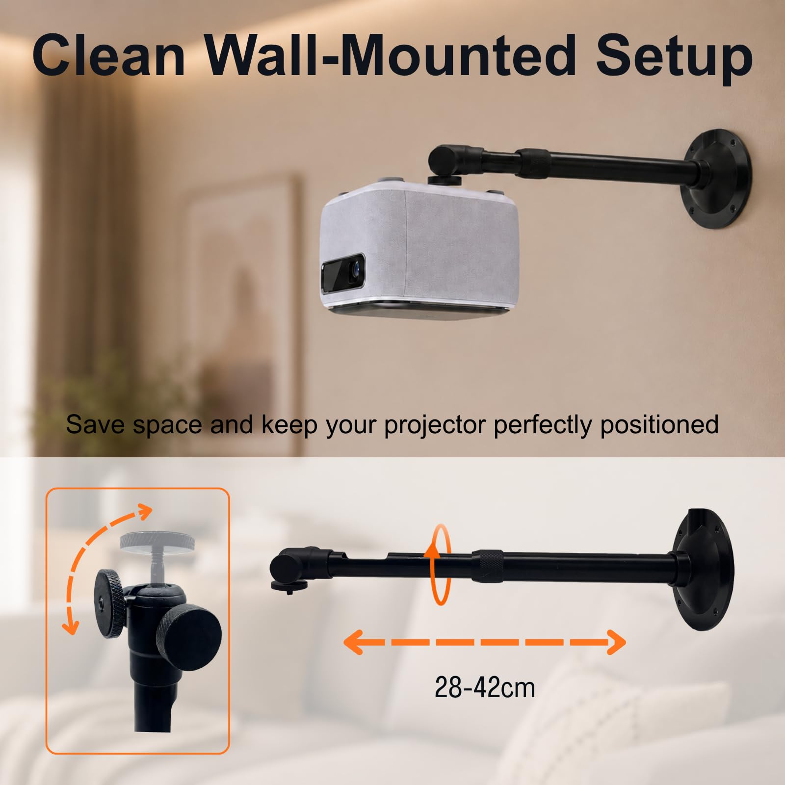 Support Vidéoprojecteur Plafond Réglable 28–42 cm – Support Mural/Plafond Universel pour Projecteur et Mini Vidéoprojecteur, Rotation 360°, Installation Facile