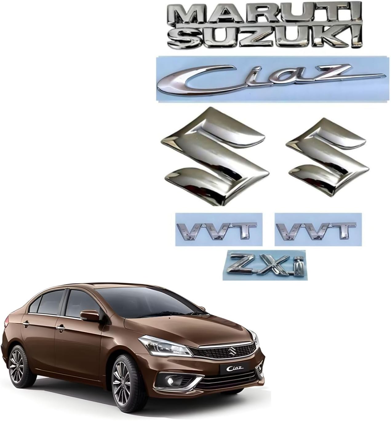 WOUXUN 3D Emblem Chrome Finish Logo Monogram Compatible with CIAZ Car 2018-Now Nameplate Front & Rear Logo Badge Kit (ZXI VVT Set)