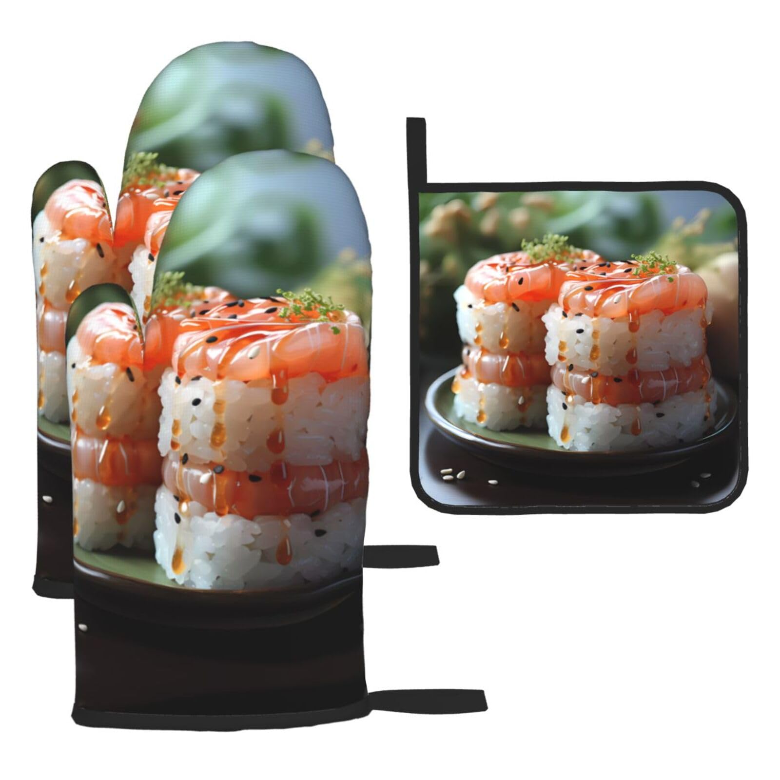 Fresh Salmon Sushi Oven mittens and oven mitts three-piece set suitable for oven, grilling, baking, microwave and home cooking.