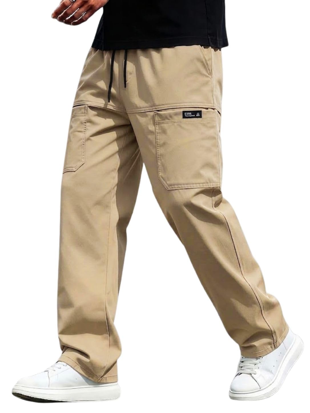 THE FEBZA Cargo for Men | Cotton Cargo Pant | Lower for man | Elastic Drawstring Waist Straight Fit Bottoms | Comfortable Breathable Cargos for Casual, Office Wear