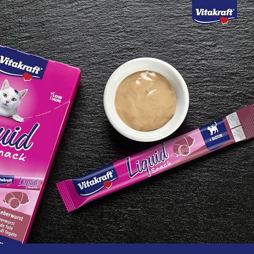 Vitakraft Liquid Snack, Katzen Leckerli, Katzensnack cremig, mit Leberwurst und Biotin, in einzelnen Sachets, für bessere Haut (1 Paket mit 6x 15g)
