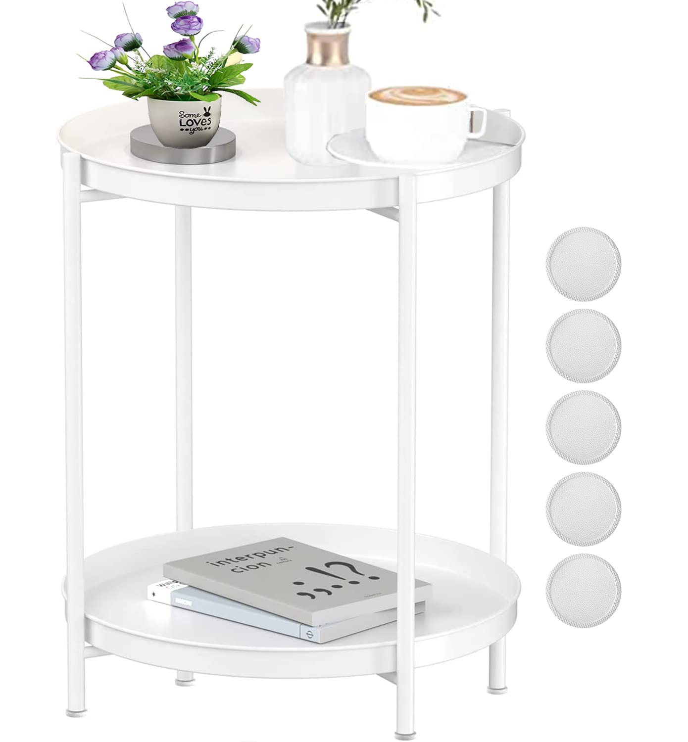 IS MUHE 2 Tier Round Side Table, 15.7 Inch Folding Coffee Table with Removable Tray, Outdoor Side Table Small Accent Table, Bedroom Balcony Patio Nightstand (WHITE)
