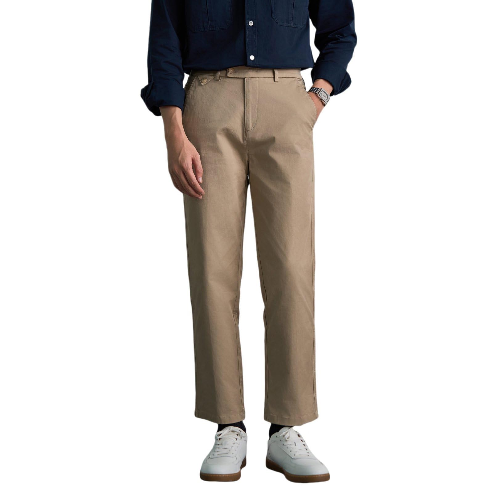 Mens Straight-Fit Casual Pants Cotton Flat Front Dress Pants Elastic Waist Comfort Wrinkle-Resistant Trousers
