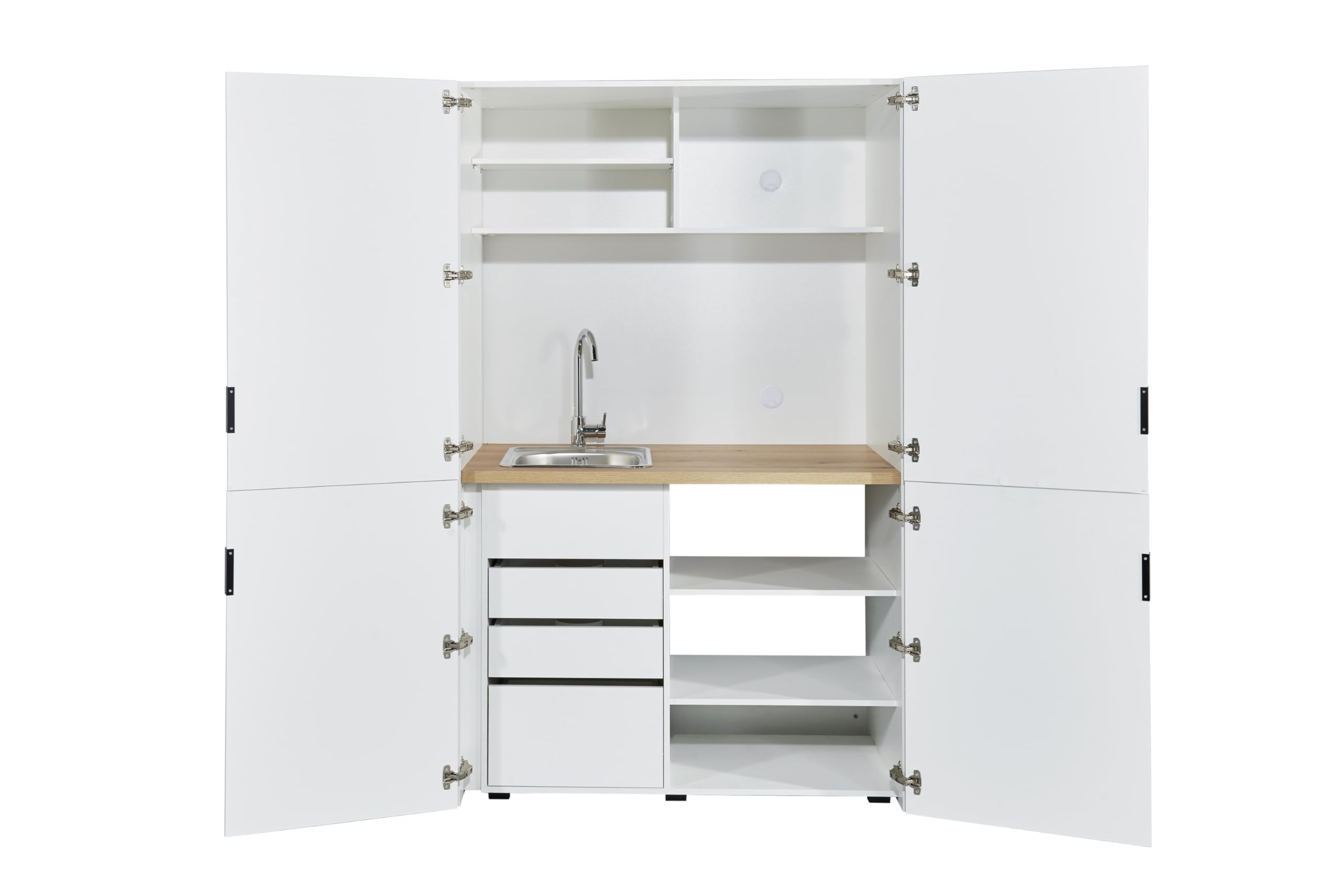 Miniküche >Heidelberg< Weiß, kompakt & funktional: Studentenküche 124x200x70 cm mit Kühlschrank-Nische, Schubladen, Türen, FSC-zertifiziert, Kabeldurchführung, 28 mm Arbeitsplatte – zerlegt geliefert