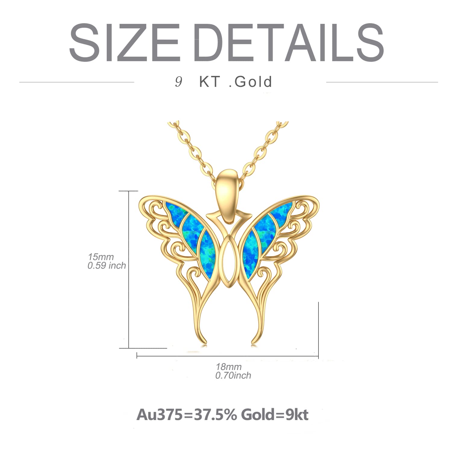 9K Echtgold Schmetterlings-Halskette mit Opal für Frauen, 375/9 ct Gold Schmetterlings-Anhänger-Halskette Schmetterling Geschenke für Geburtstag Weihnachten 40+5 cm