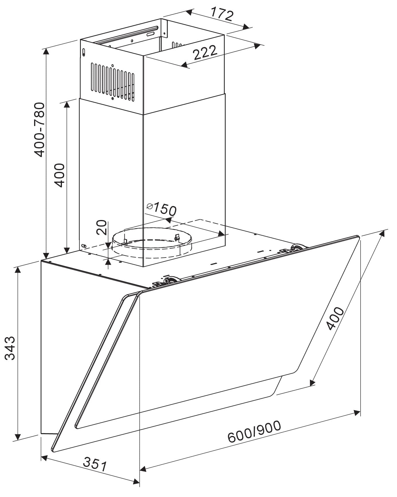 Respekta Dunstabzugshaube kopffrei/Haube schräg 60 cm/Edelstahlgehäuse mit Glasschirm in Weiß/Abluft - und Umluftfunktion / CH77060WA / A / 53–66 dB