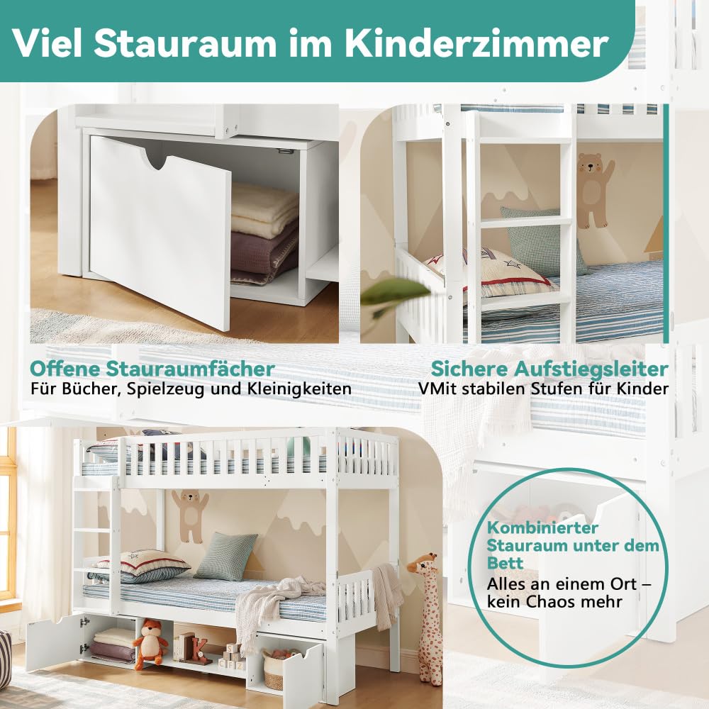 Cama infantil de madera de pino maciza, 90 x 200 cm, cama doble desmontable con barandillas de seguridad, cajones y escalera, utilizable como 2 camas individuales