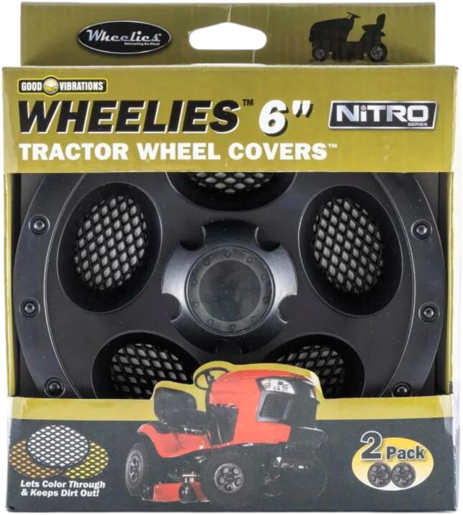 Good Vibrations Wheelies Nitro Series - Riding Lawn Mower Tractor Wheel Covers - Snap Fit to the Rim - 6 inch Diameter (Black) / 2pk