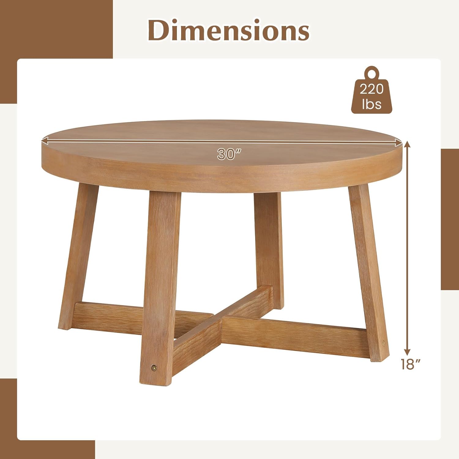 Giantex Round Coffee Table, 30" Wood Center Table with Thickened Tabletop & Cross-Shaped Pine Wood Frame, 220 lbs Capacity, Modern Living Room Table for Small Spaces, Natural