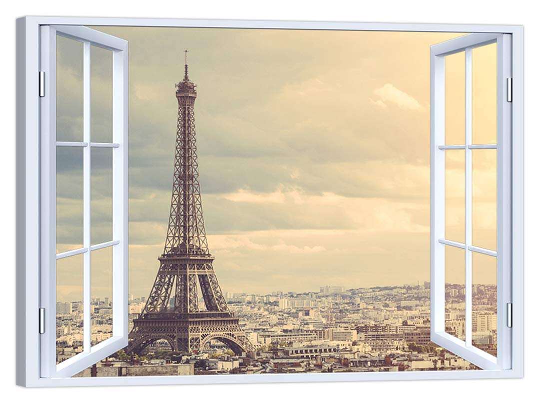 LuxHomeDecor Quadro finestra su parigi 100x75 cm Stampa su Tela con Telaio in Legno Arredamento Arte Arredo Moderno