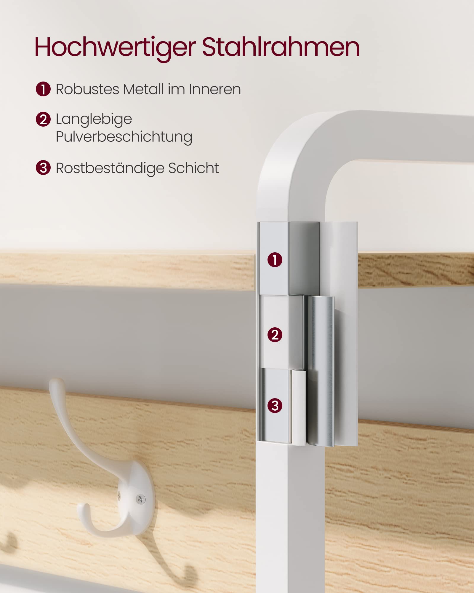 VASAGLE Garderobenständer mit Schuhschrank, Garderobe mit Sitzbank, Kleiderständer, Schuhkipper, 9 Haken, obere Ablage, für Flur, Schlafzimmer, modernes Design, eichenfarben-weiß HSR405W09