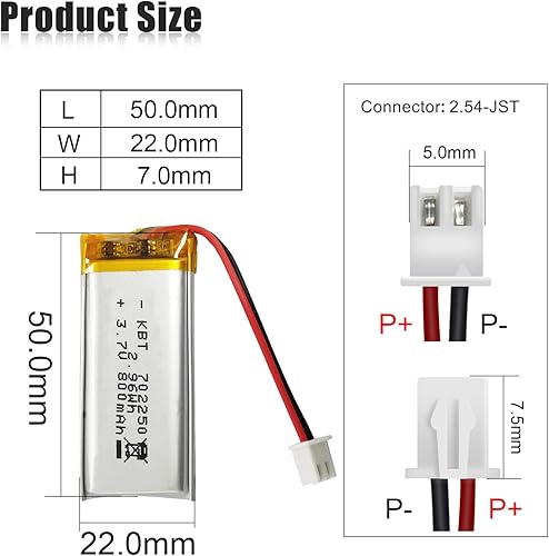 Miniatura 2 de Batería de polímero de litio KBT 3.7V 800mAh 702250 Baterías de repuesto de iones de litio recargables Lipo con conector PH 2.54 JST, conector