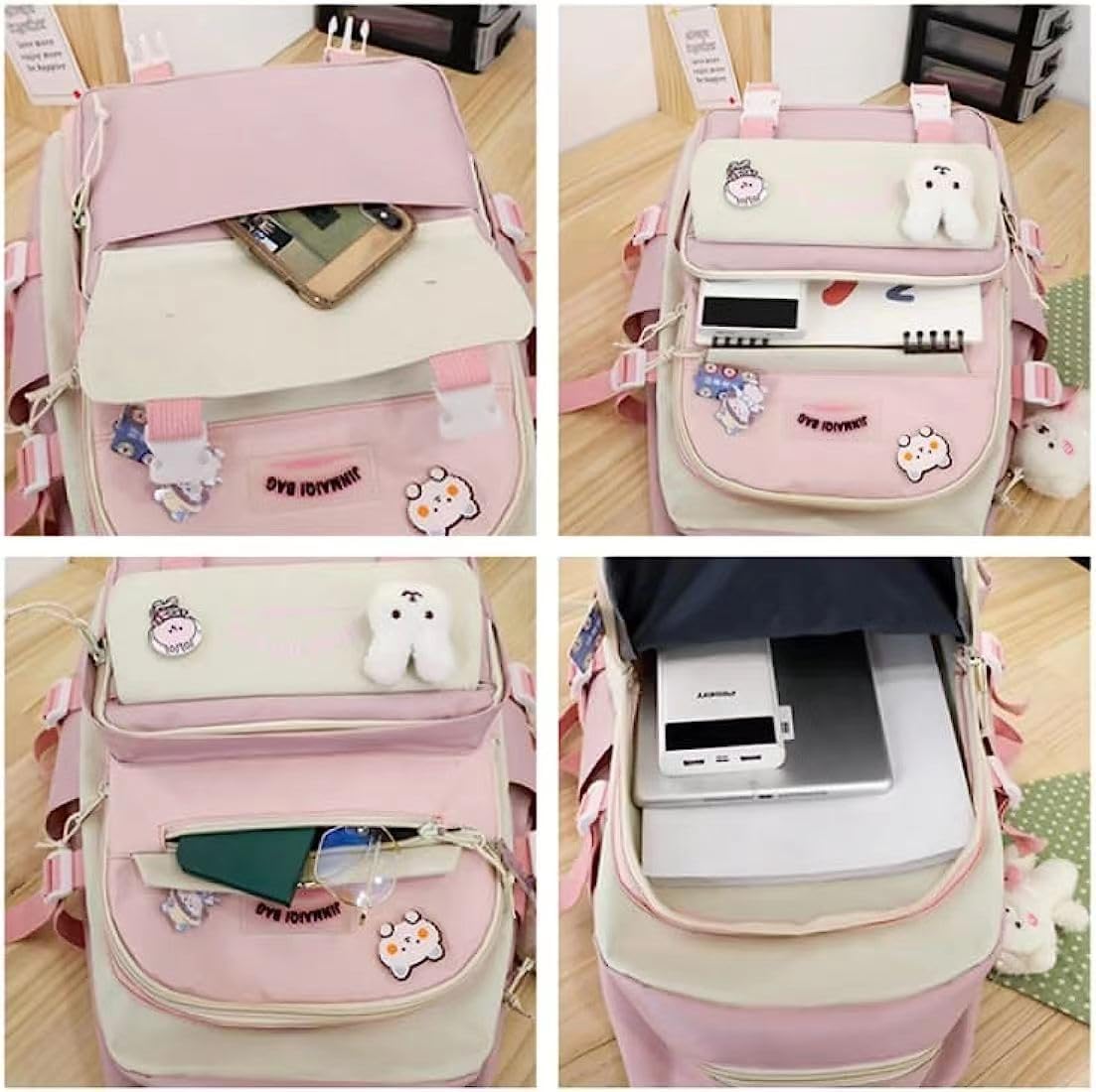 5 pcs Cute Aesthetic Backpack Set with Pins and Pendant Kawaii Japanese Backpacks College Laptop Bookbag Preppy Daypack (Black,One Size)