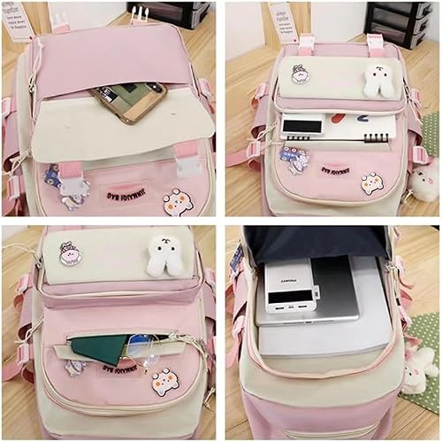 Miniatura 6 de Juego de 5 mochilas estéticas lindas con alfileres y colgante, mochila japonesa kawaii para la universidad para computadora portátil, mochila