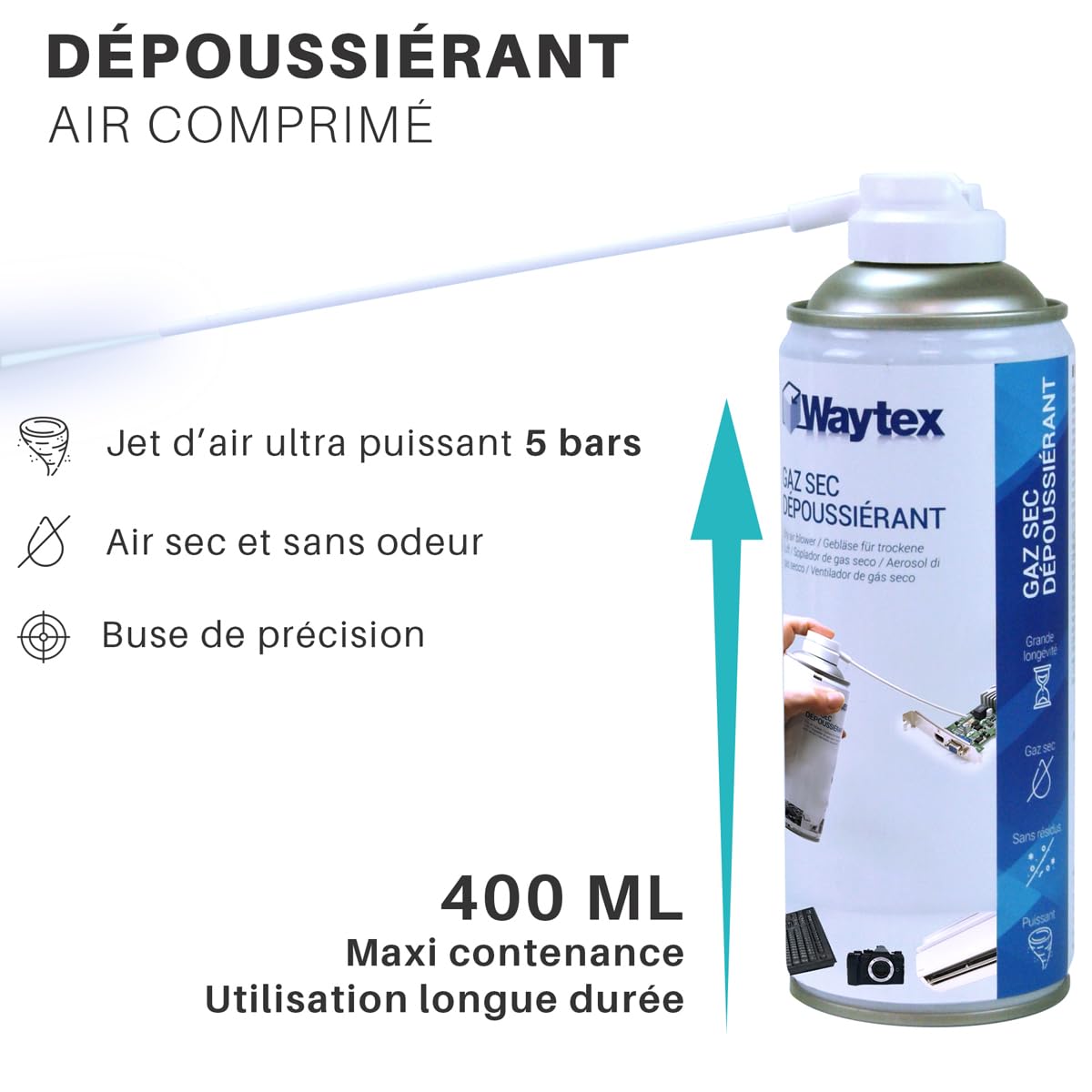 Waytex Lot de 4 Dépoussiérants Spray Air sec 400ml Ultra Puissant 5 bars, Bombes d’Air Comprimé Nettoyant pour PC, Clavier, Appareil Photo et Composants électroniques, avec buse précision