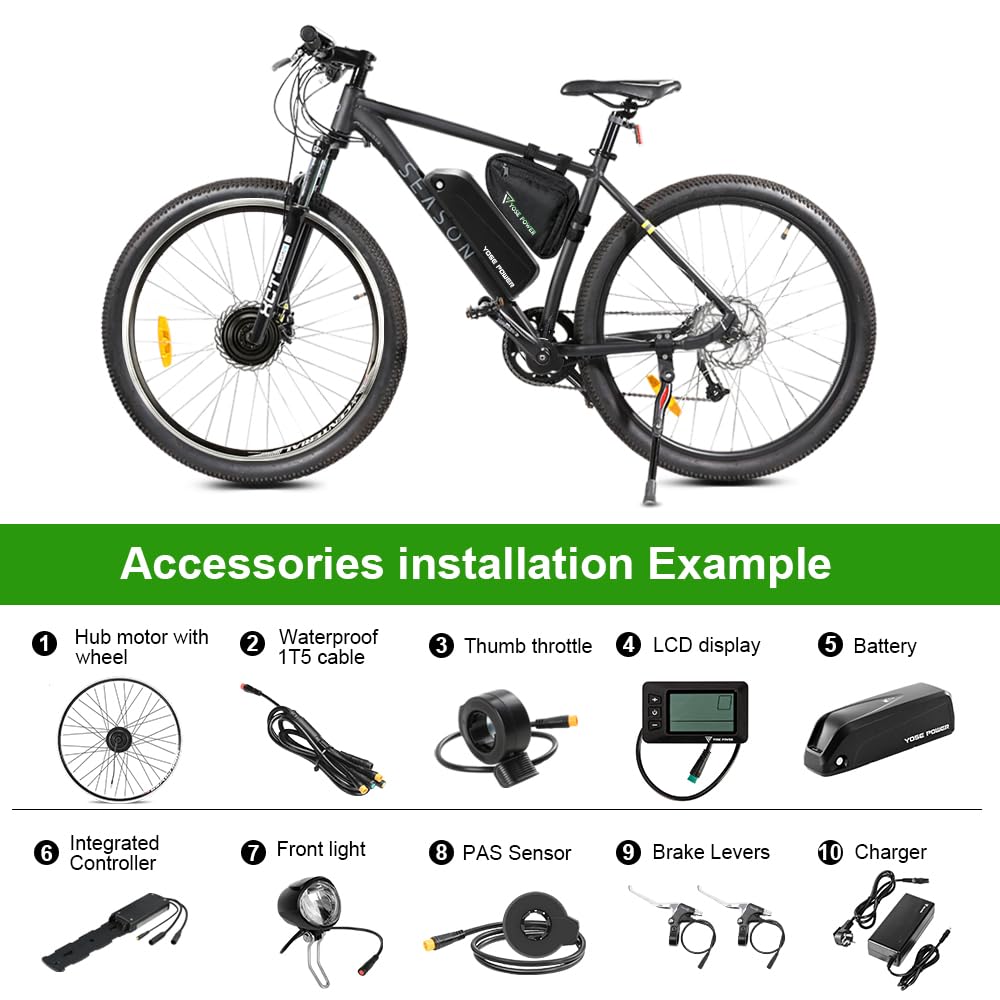 YOSE POWER Ebike Kit 36V250W 28 "kit de Conversion de moyeu pour vélo électrique Avant avec Batterie Hailong 36V 18Ah DIY e-Bike LCD