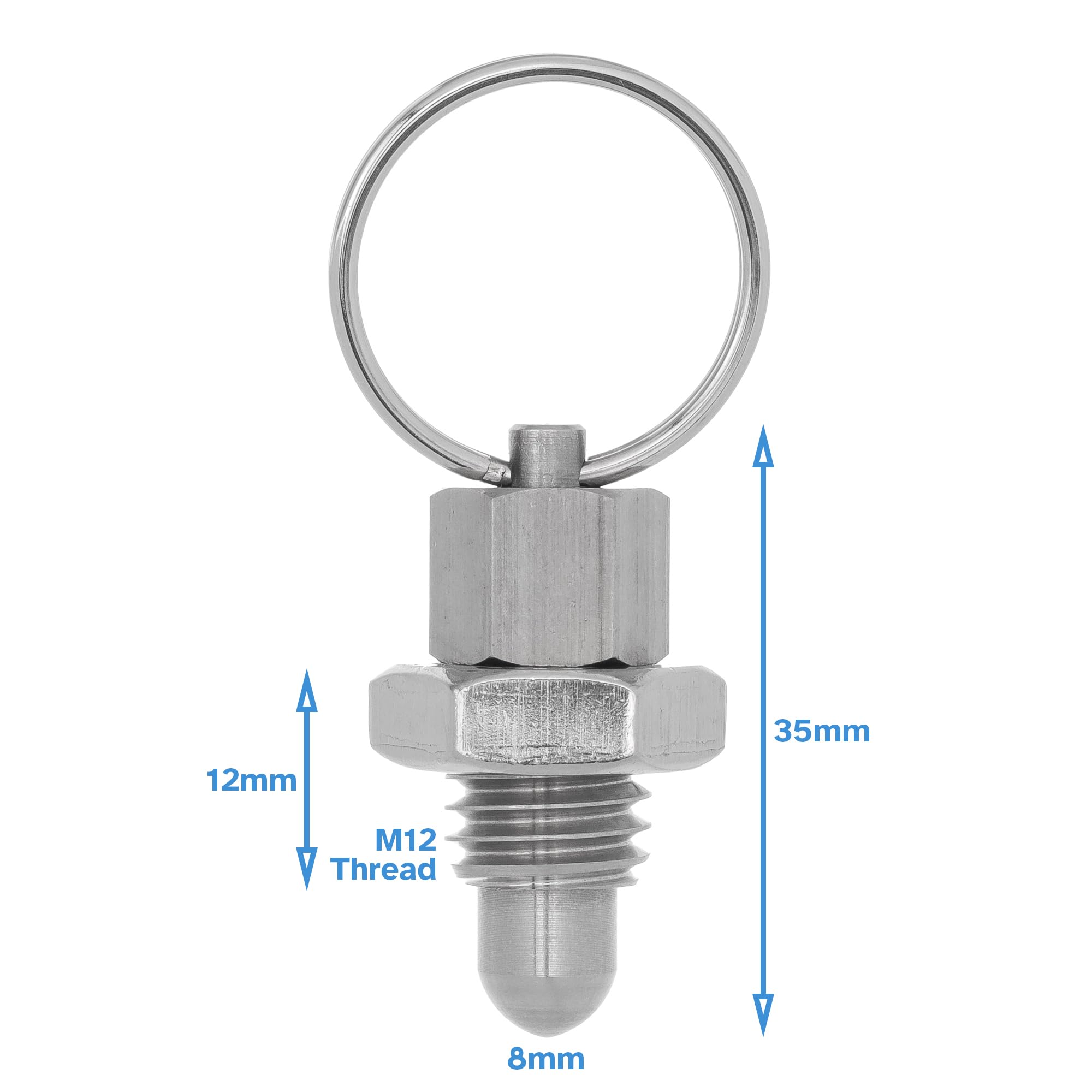 HALLMERS M12 x 12mm Thread 8mm Pin Diameter Ball Head Indexing Spring Plunger with Pull Ring - Stainless Steel Retractable Locking Bolt Auto Stop Non Lock-Out Threaded Index Mechanism Accessory Tool