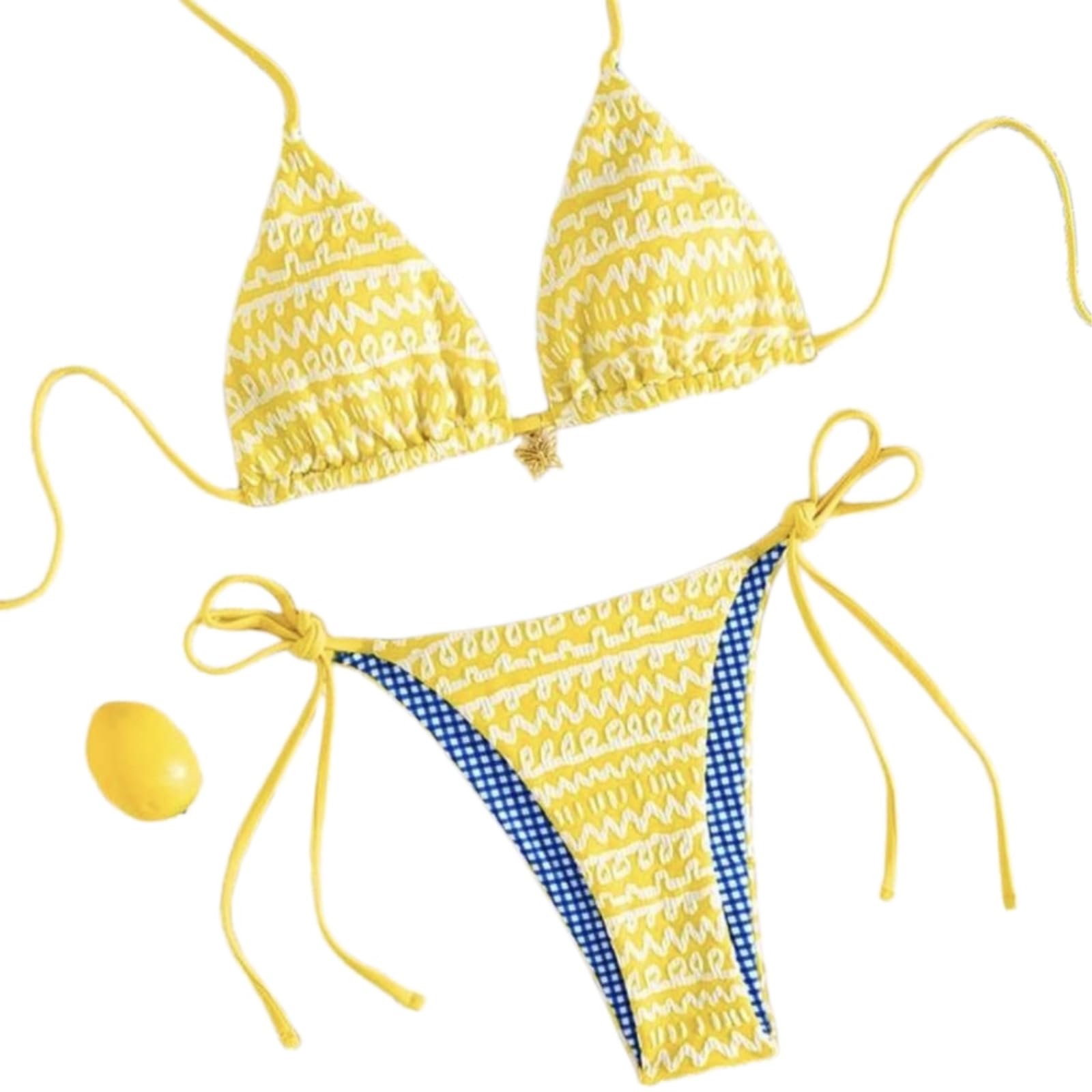 Bikini Donna Giallo Blu Contrasto Set Triangolo Top Cravatta Lato Costume da Bagno-1-l