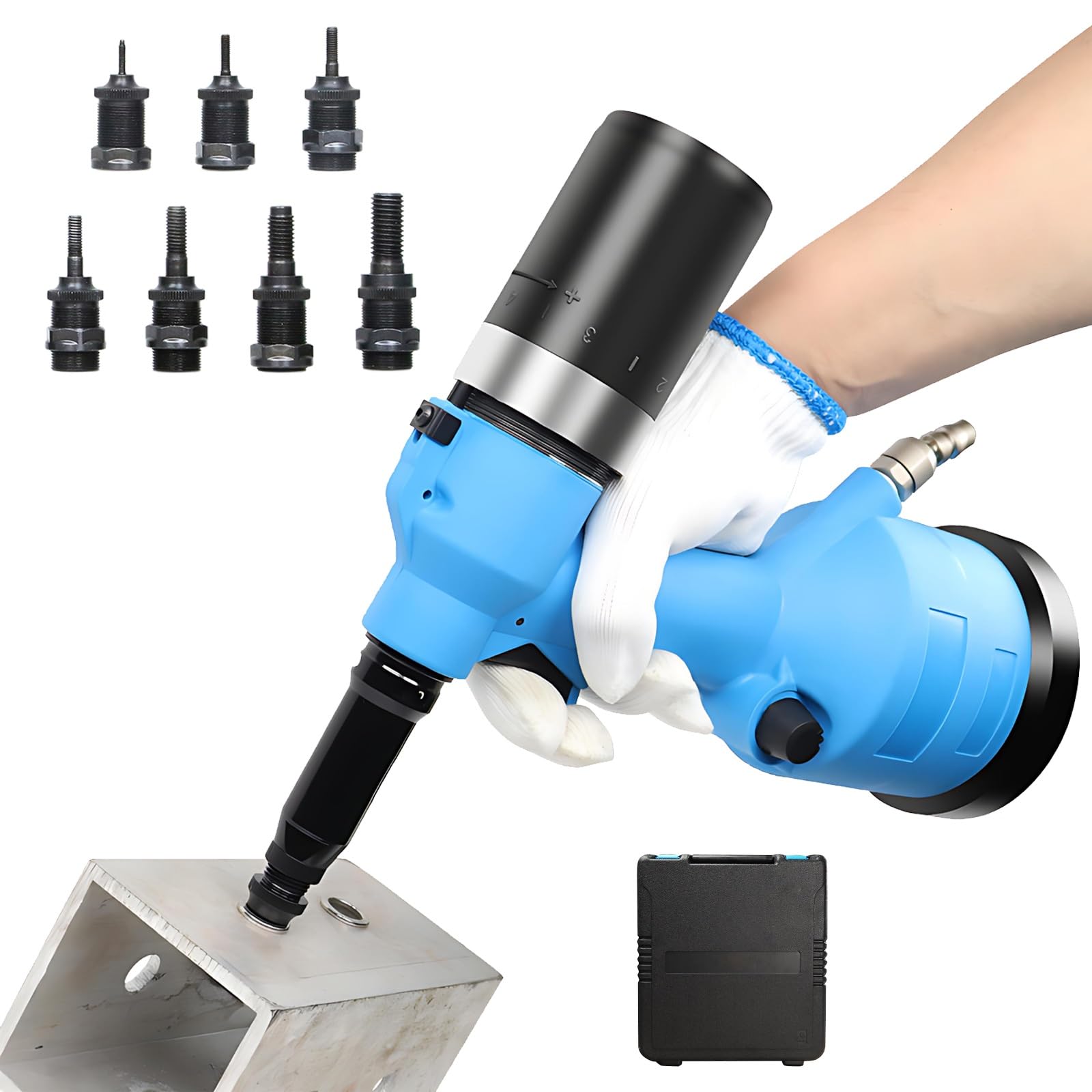 Kit di attrezzi per rivetti idraulici ad aria, rivettatrice pneumatica resistente per M3-M12, corsa regolabile con impugnatura ergonomica, ideale per edilizia e miglioramento della casa