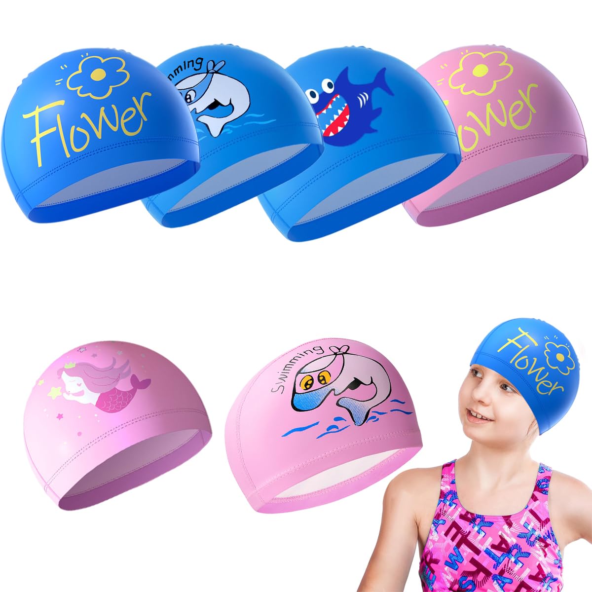 Garegce Kids Swimming Cap, Kids Fabric Swim Cap Waterproof Comfortable Soft Children'S Swim Hat, Unisex for Boys Girls Toddler Children Teens for Age 3-6-10, Cute Cartoon Pattern