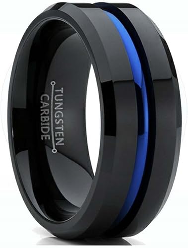 Miniatura 9 de LOVERSRING Juego de anillos de boda para él y para ella, anillos de pareja, chapado en oro negro de 10K, circonita azul, anillo de compromiso, de