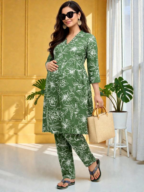 Image of RITIJYA Pure Cotton Feeding Kurta Pant Set for Women | Floral Anarkali Pregnancy Dress with Concealed Nursing Zipper Side Pocket | Pre & Post Partum | Maternity Dresses | Baby Shower Outfit