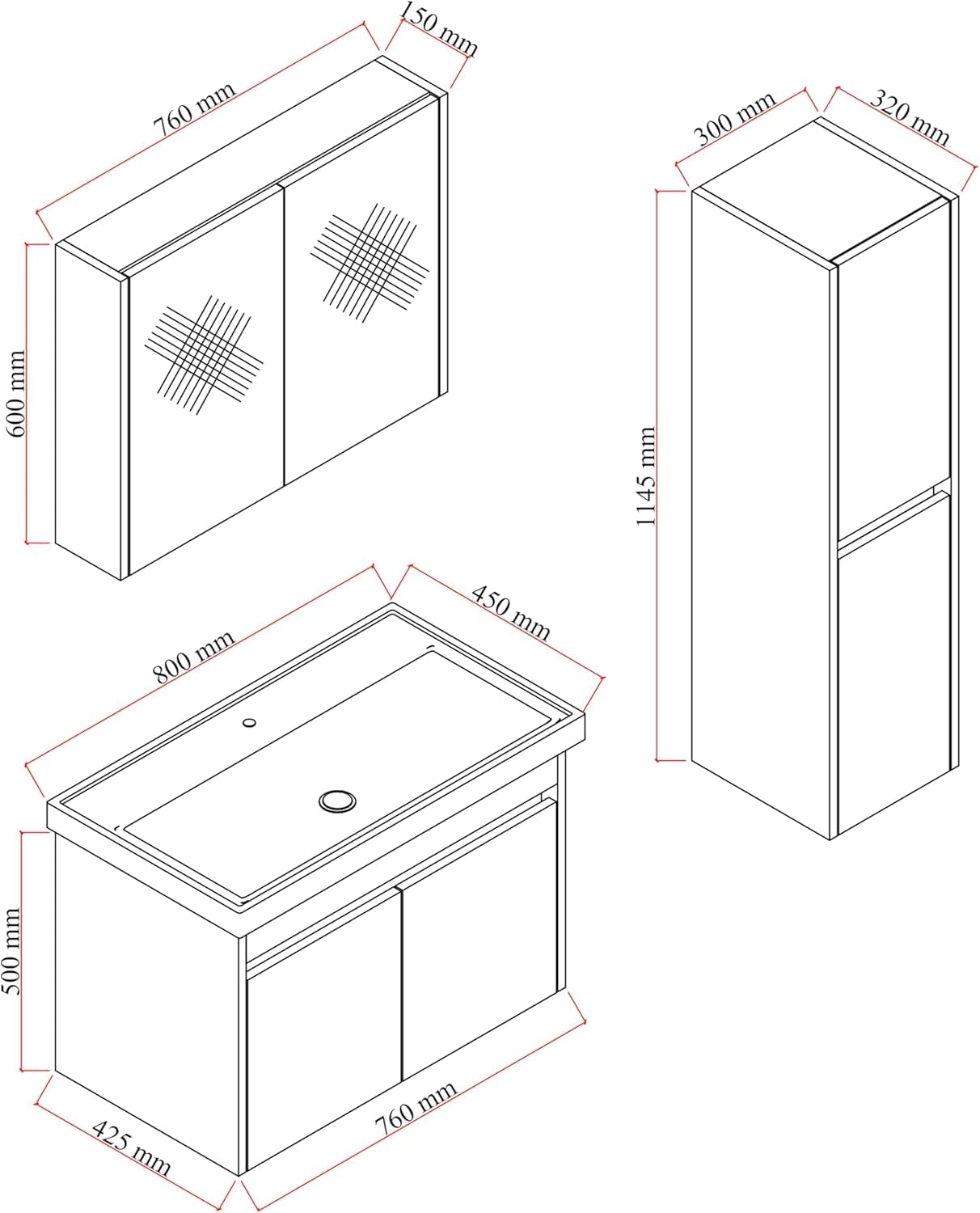 Karen Ensemble Meuble Salle de Bain 80 cm Dallas – Set 4 pièces en chêne & Anthracite, Meuble sous-Vasque Suspendu avec lavabo, Armoire Miroir et Colonne de Rangement