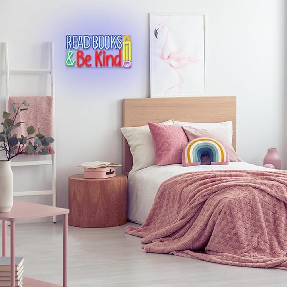 Neonreklame im Klassenzimmer mit der Aufschrift „Bücher lesen und