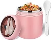 Mityrain 16oz Leak-Proof Stainless Steel Insulated Food Jar for Kids - Hot/Cold Thermo with Wide Mouth & Foldable Spoon (Pink)