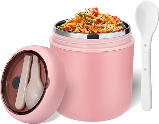 Mityrain 16oz Leak-Proof Stainless Steel Insulated Food Jar for Kids - Hot/Cold Thermo with Wide Mouth & Foldable Spoon (Pink)