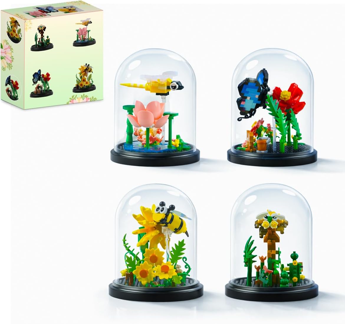 Insect Flowers Collection Micro Building Toy Set with Dust Cover, Flower Plants Bug Botanical Set for Nature Decor, Bug Building Office Home Decorative, Plant Decor Birthday Gift for Adults Kids