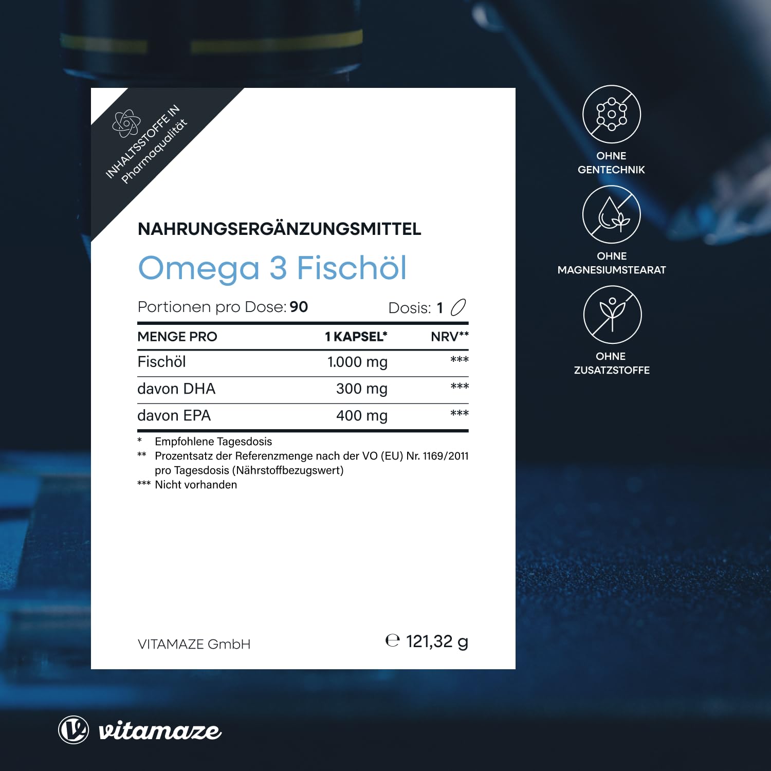 Omega 3 Kapseln hochdosiert, 400 mg EPA & 300 mg DHA in Triglycerid-Form für 3 Monate, 1 Kapsel pro Tag, 1000 mg Fischöl aus nachhaltigem Fischfang, höchste Bioverfügbarkeit, Made in Germany