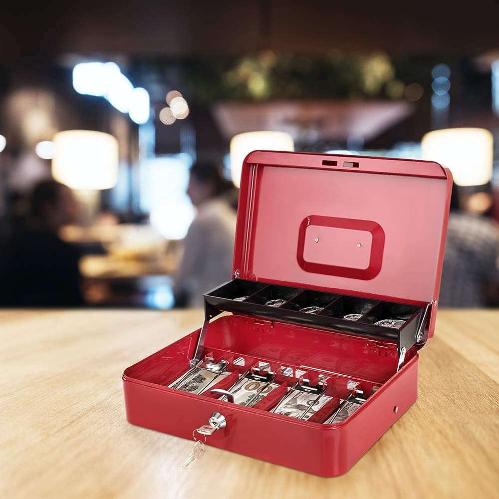 Frixen Cash Box with Money Tray and Key Lock Large Metal Money Safe Box with Cantilever Coin Tray & 4 Spring-Loaded Clips 11.8 x 9.4 x 3.54 Inches