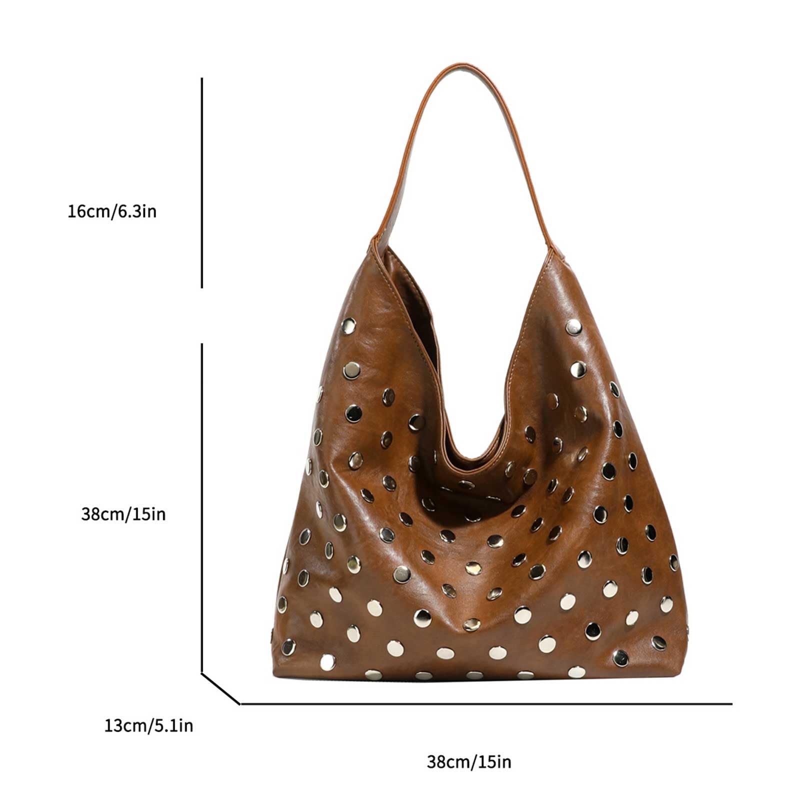 Bolso de mano de piel sintética para mujer con remaches, bolsa de hombro informal de gran capacidad para actividades diarias y salidas, Café 2 unidades, 460x280x220MM, Informal