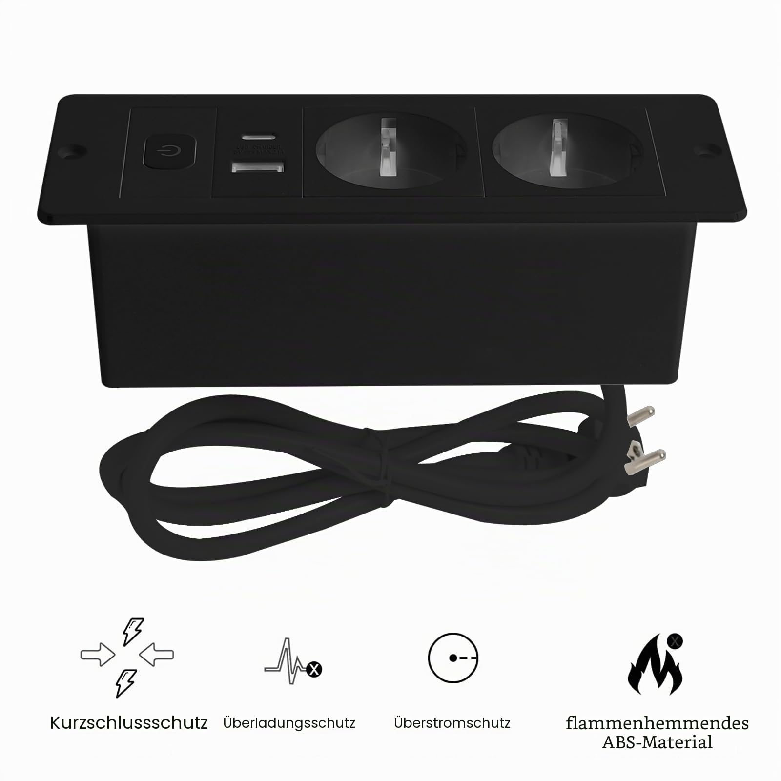 Versenkte Steckdose, Tischplatte Versenkte Steckdose mit 2 USB, Einbau Steckdosenleiste mit 1.8m Kabel, Tischsteckdose mit USB Einbausteckdose (Black)