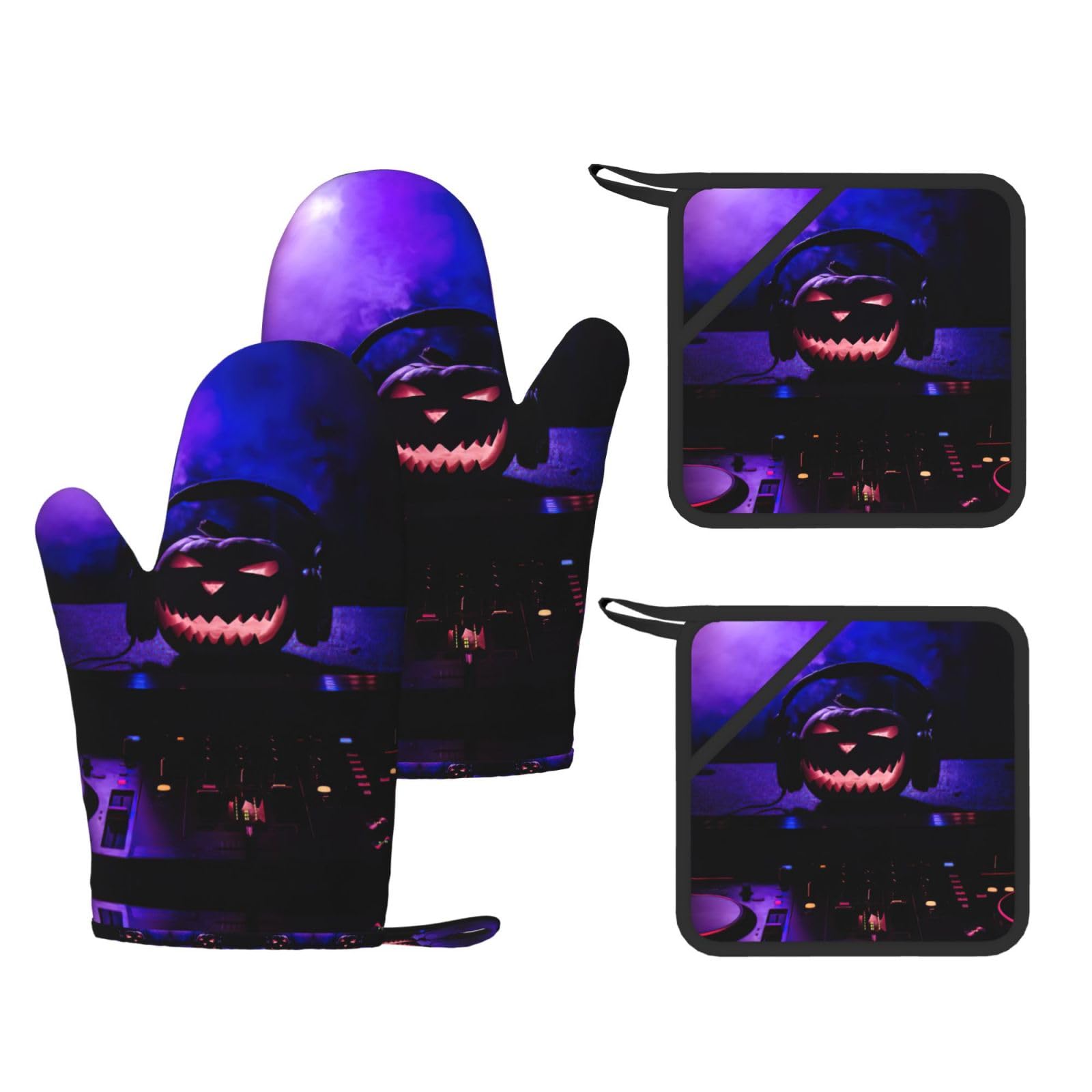 Halloween Pumpkin with Headphones Printed Potholder and Oven Mitt Set of 4, High Heat Resistant Cooking Gloves for BBQ Grilling