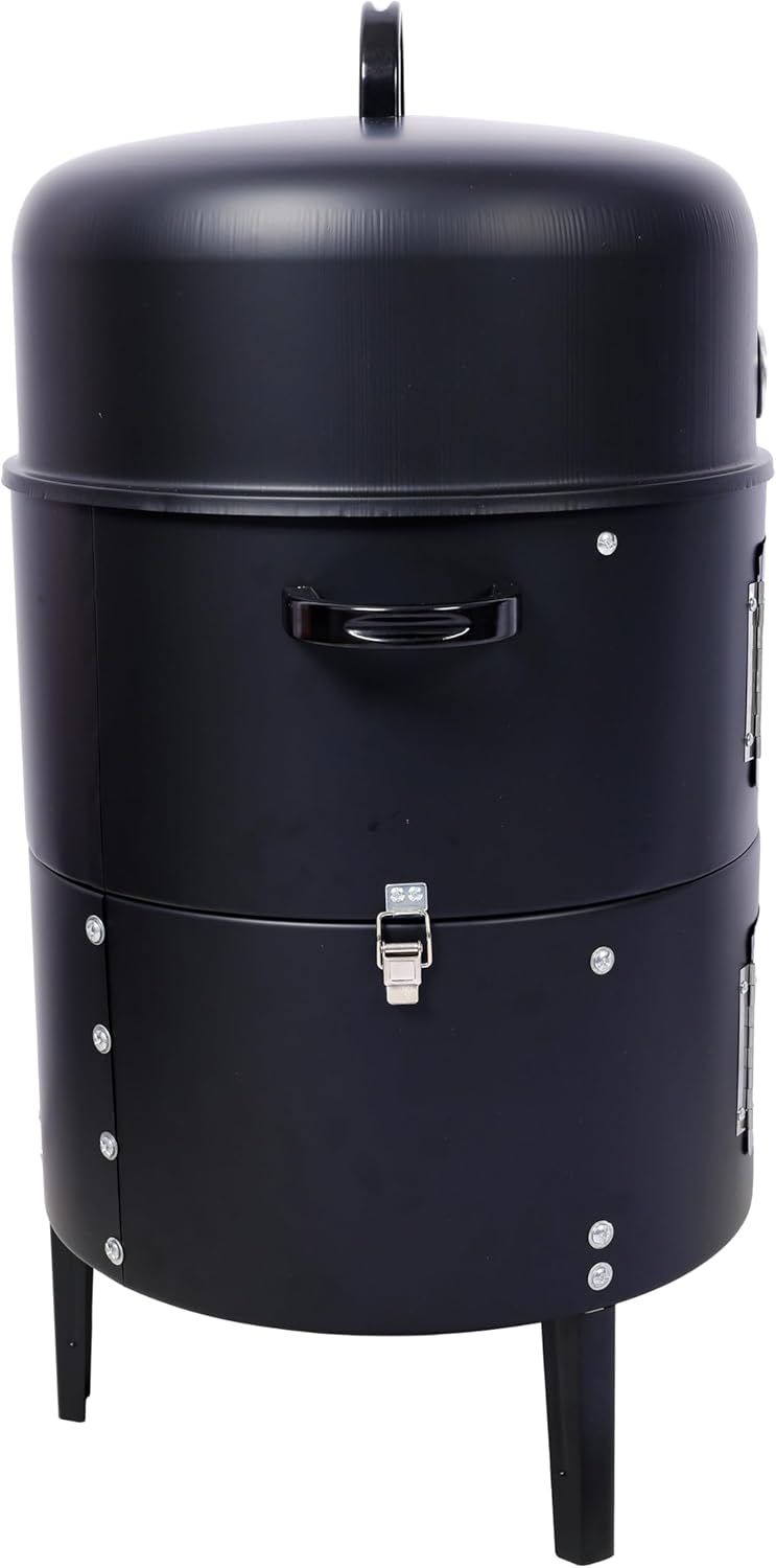17 Inch Heavy Duty Steel Charcoal Smoker - Round Black BBQ Grill for Outdoor Cooking