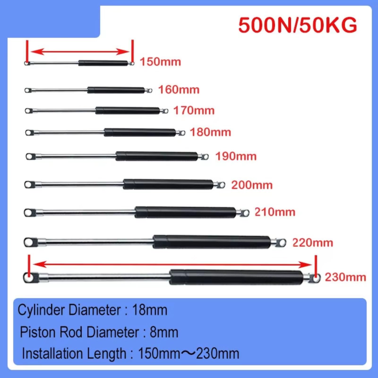 Amortisseur hydraulique Barres De Jambe De Force Universelles 150-230Mm 50Kg/500N 1 Pièce Ressort À Gaz Pour Voiture Amortisseur Support De Levage Hydraulique Lot vérins à gaz(18-8-45-160)