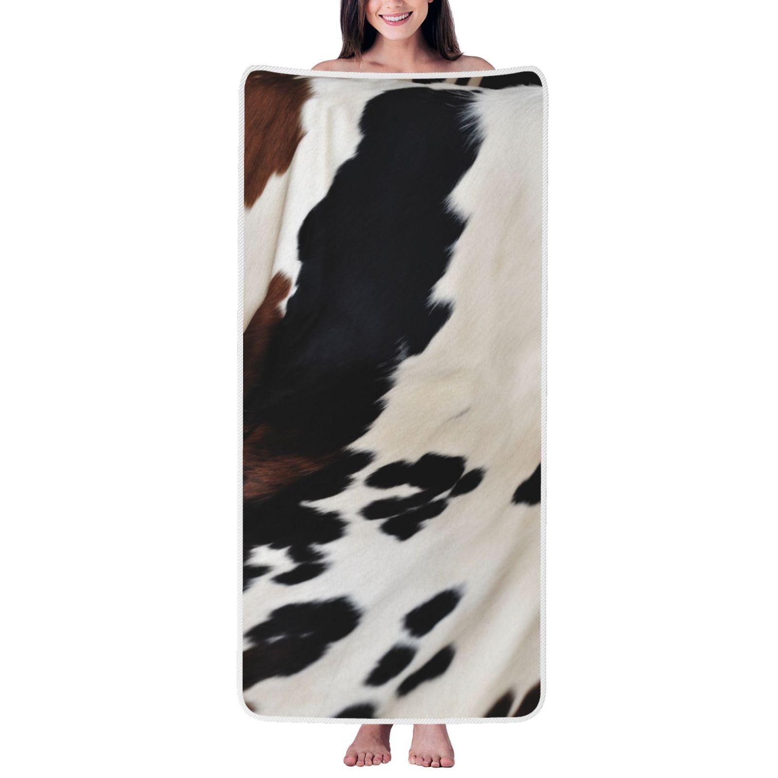 WPKJU Cowhide Printed Bath Towel with White Edging - 27x55 in Soft Extra Absorbent Coral Velvet Shower Towels for Bathroom