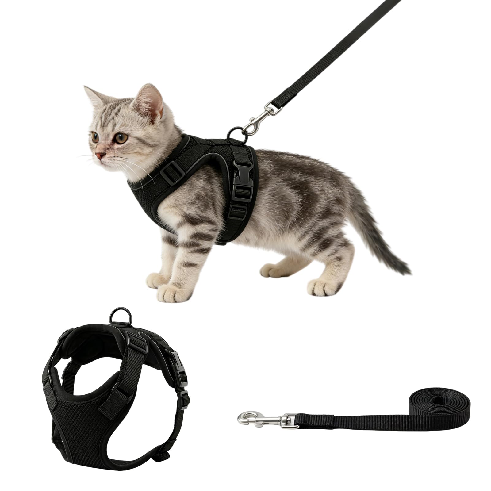 Black S Size Cat Harness and Lead Set Escape Proof for Walking, Soft Adjustable Kitten Harness Vest with Breathable Mesh, Reflective Kitten Harness Set, Easy Control for Outdoor Travel, Adventures