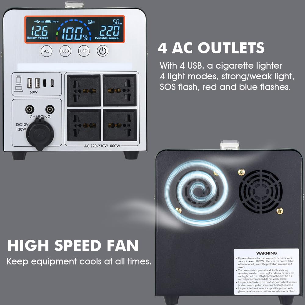 Batería de reserva portátil recargable de 1000 W/666 Wh, para camping, caravanas, drones, primeros auxilios e iluminación exterior, con 4 salidas de CA