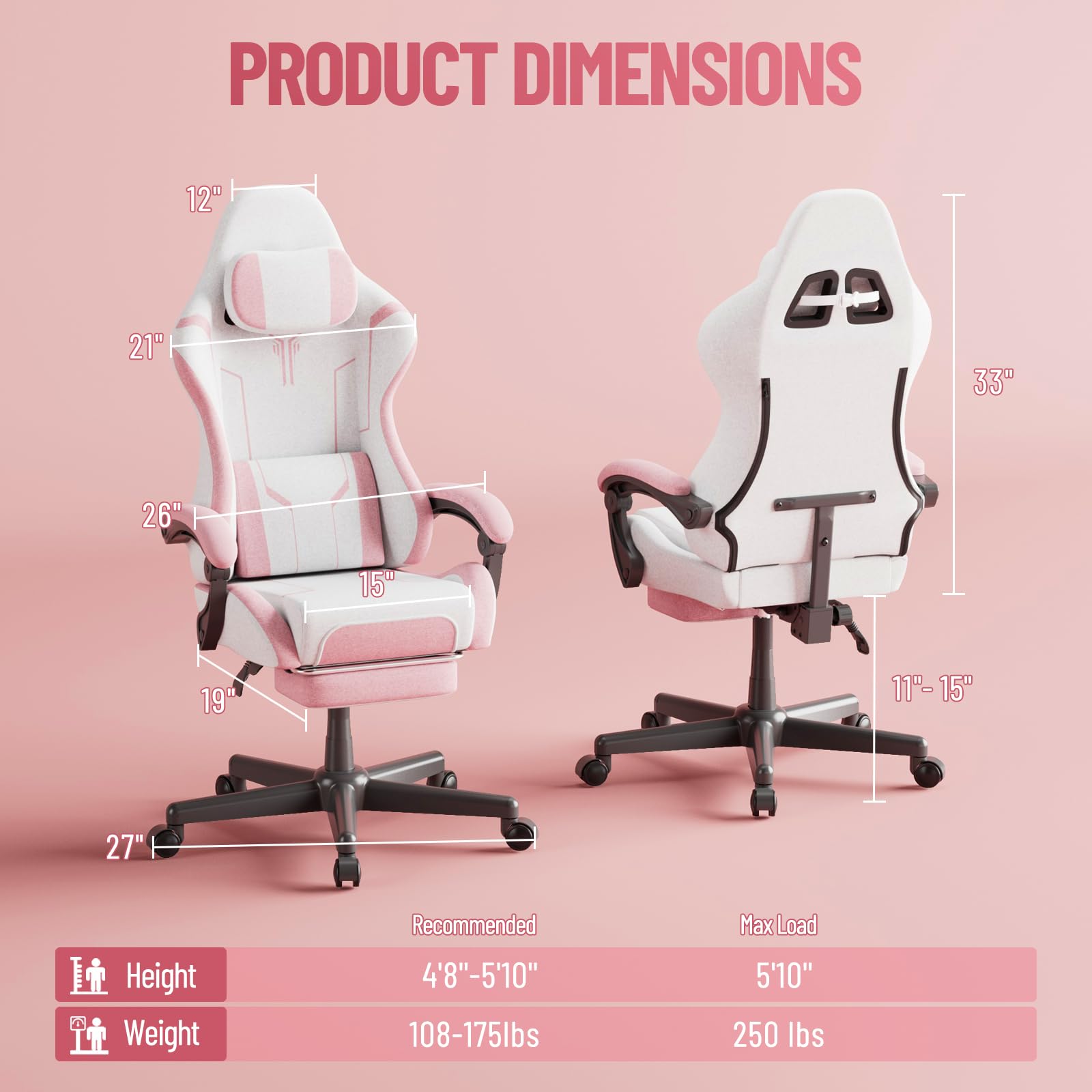 Chaise Gaming, Fauteuil Gamer - Massage Coussin Lombaire, Siege Gaming Dossier Inclinable à 135°, Chaise de Bureau Ergonomique Repose-Pieds Rétractable, Siège Large Confortable Leathaire-Velours, Rose