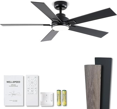 Ventiladores de techo modernos con luces, ventilador de techo negro de 52 pulgadas para exteriores con luz y control remoto, motor CC reversible, 6