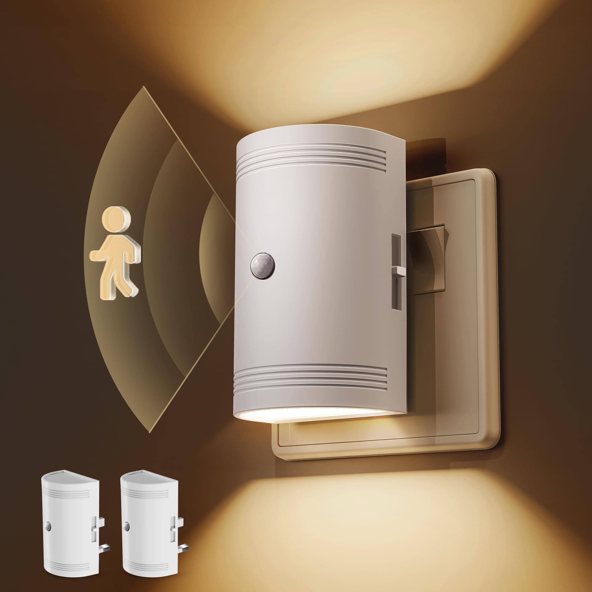 LOHAS-LED Motion Sensor Night Light, Night Light Plug in Wall, 0-100LM Dimmable, 3000K Warm White, 3 Modes (ON/Off/AUTO), for Hallway, Toddler, Bedroom, Kitchen, Toilet, Stairs (White Shade 2 Pack)