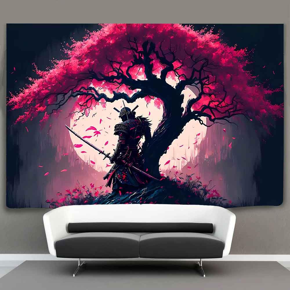 Ine Ive Japanese Samurai Tapestry for Bedroom Aesthetic - Full Moon Cherry Blossom Tree Warrior Asian Oriental Wall Art - 60x40 Inches - Japan Art for