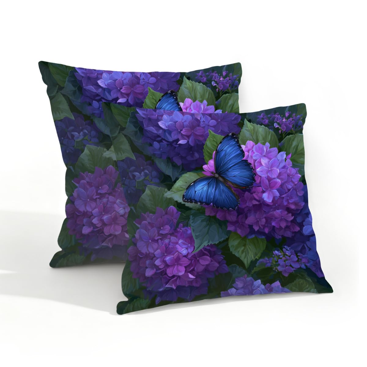Outdoor Pillow Covers Waterproof Pillowcases 18x18in Set of 2 Butterfly On Blossom Hydrangea Decorative Throw Cushion Case for Couch Sofa Garden Patio Furniture