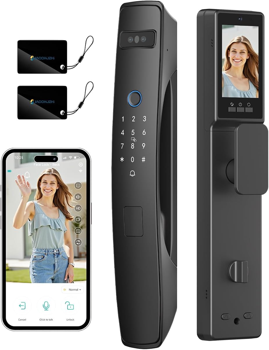 3D Face Recognition Smart Lock with Dual Cameras & Doorbell | Face ID + Palm Vein + Fingerprint, 2-Way Video, 4" IPS Screen, Night Vision, Tamper Alarm, WiFi Mortise Lock for Front Door