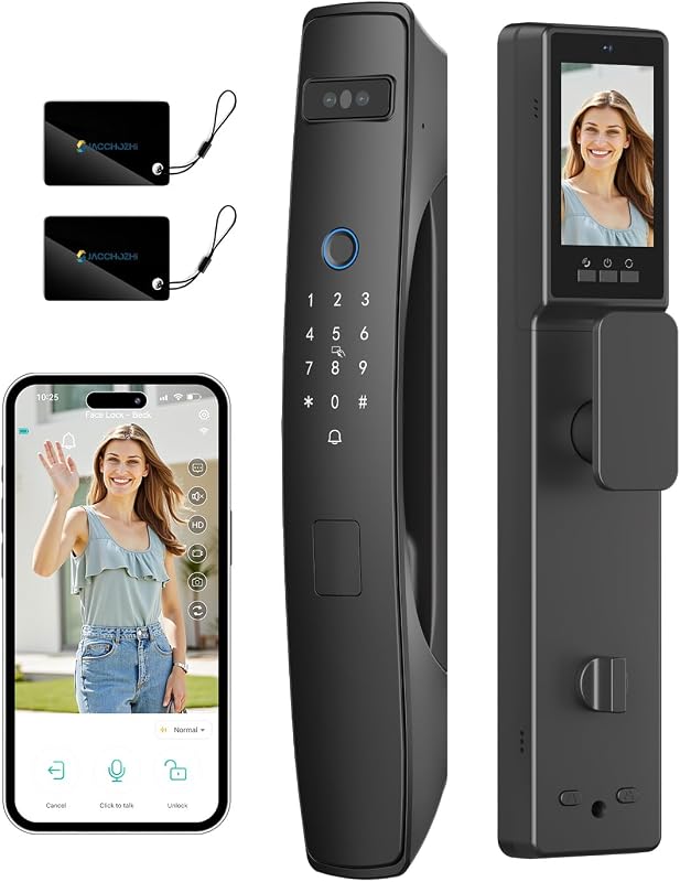 3D Face Recognition Smart Lock with Dual Cameras & Doorbell | Face ID + Palm Vein + Fingerprint, 2-Way Video, 4" IPS Screen, Night Vision, Tamper Alarm, WiFi Mortise Lock for Front Door