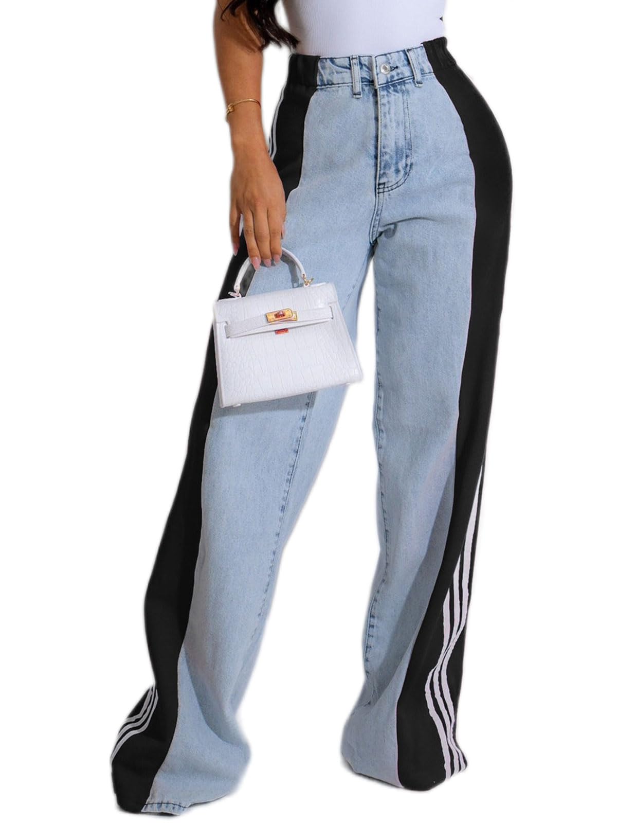 Womens Jeans with Patchwork Stripes High Waisted Stretchy Denim Color Block Straight Wide Leg Trendy Jean