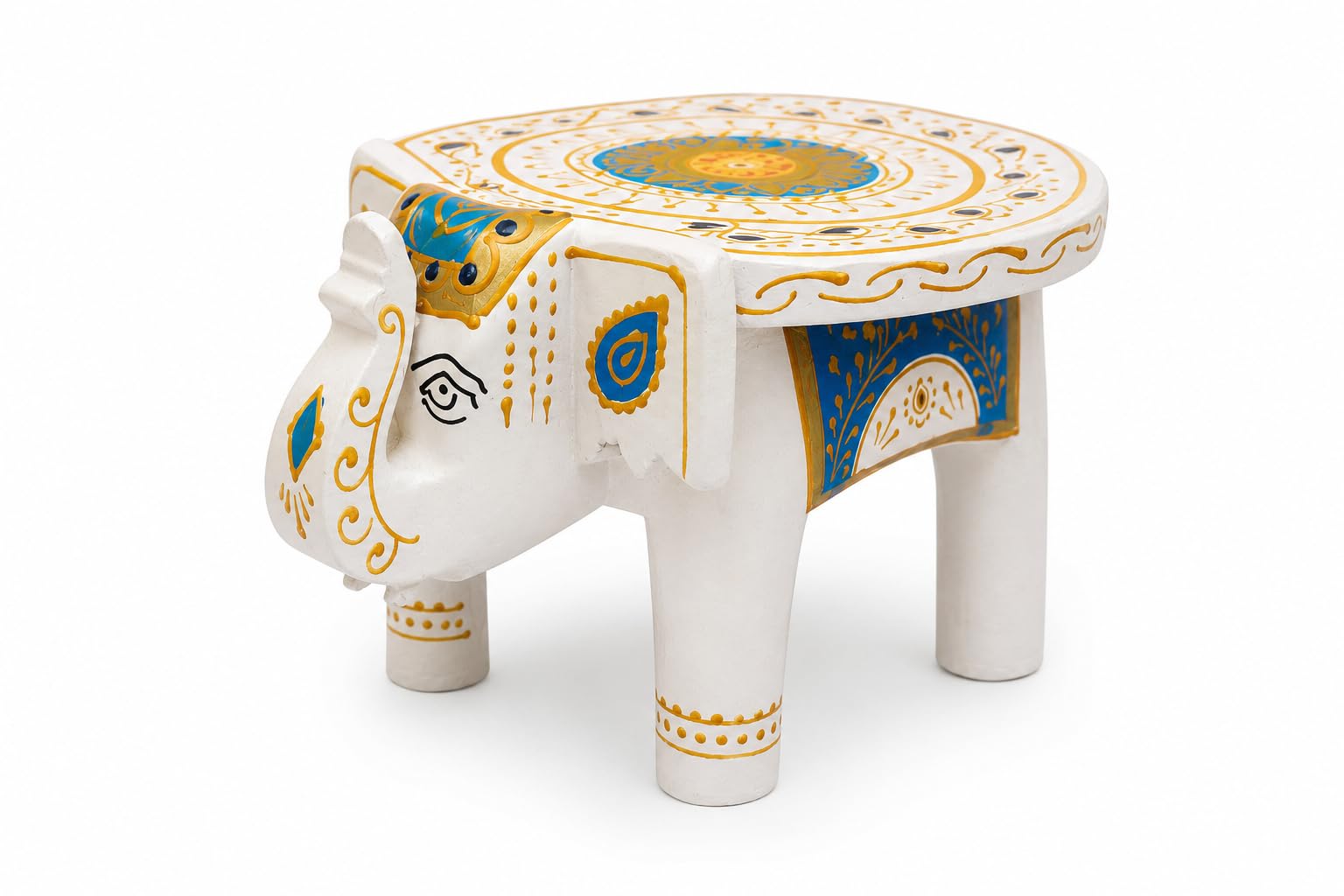 Handcrafted Wooden Elephant Stool, White with Blue and Gold Mandala Art, Indian Traditional Decor-image-15